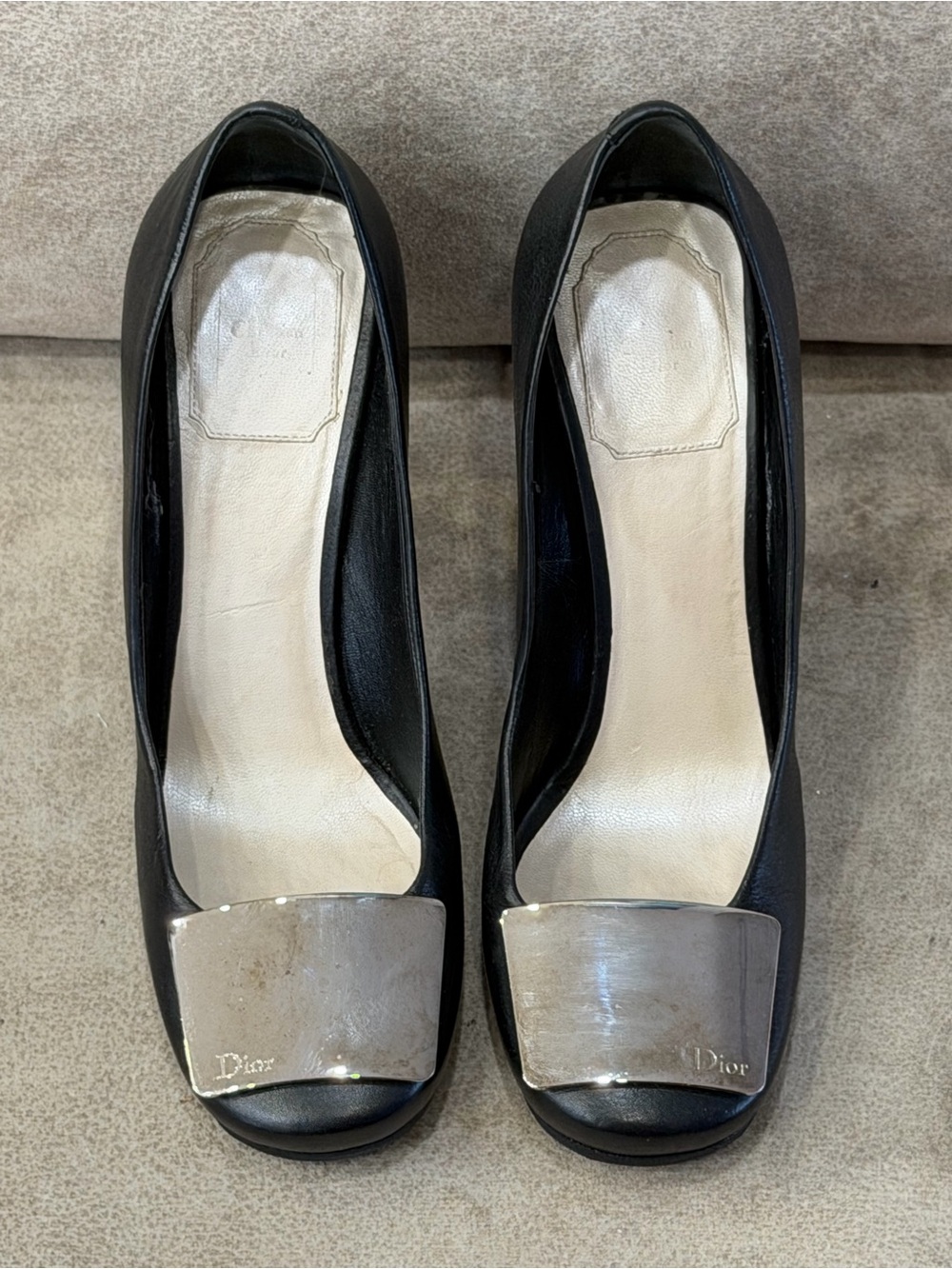 Vintage Christian Dior Black Leather Logo Pumps Heels Size 38 Italy